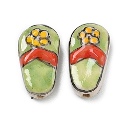 Yellow Green Handmade Porcelain Beads, Hand Painted, Famille Rose Porcelain, Slipper with Flower, Yellow Green, 22x12.5x7mm, Hole: 1.8mm
