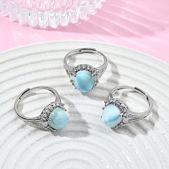 Platinum Brass Micro Pave Cubic Zirconia Cuff Open Rings, Oval, with Natural Larimar, Platinum, US Size 7 3/4(17.9mm)