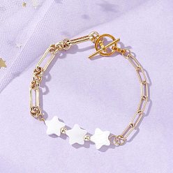 Настоящее золото 18K Браслеты из натуральных пресноводных ракушек с бусинами в форме звезды, Браслеты из латуни в виде фигурок Фигаро и цепочек из скрепок для женщин, реальный 18 k позолоченный, 7.68 дюйм (19.5 см)