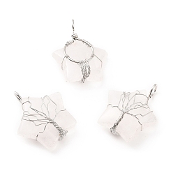 Quartz Crystal Natural Quartz Crystal Pendants, with Platinum Tone Copper Wire Wrapped, Cadmium Free & Lead Free, Star, 34~37.5x29~31x10~12mm, Hole: 5~6mm