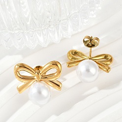 Настоящее золото 14K 304 серьги-гвоздики из натуральной ракушки из нержавеющей стали, ионное покрытие (ip), bowknot & round, реальный 14 k позолоченный, 18.5x20 мм