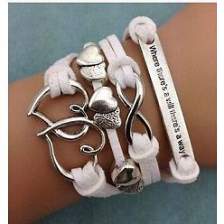 Сердце Браслеты из замши и искусственной кожи, вязанные из нескольких нитей, регулируемые браслеты из сплава, сердце, 7-1/8 дюйм (18 см)