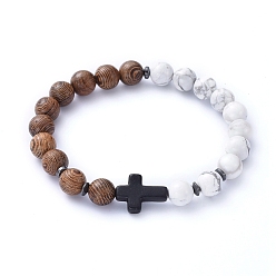 Говлит Браслеты из натурального дерева бусины стрейч, с естественными Howlite бисером, немагнитные синтетические гематитовые бусины и крестообразные синтетические бирюзовые (окрашенные) бусины, внутренний диаметр: 2-1/8 дюйм (5.5 см)