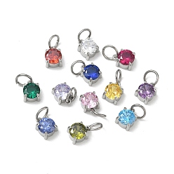 Couleur Acier Inoxydable 304 pendentifs pavés de zircons cubiques en acier inoxydable, charmes de pierre unique, charmes rondes plates, couleur mixte, couleur inox, 8x6x5mm, Trou: 4mm, environ 12 pcs / ensemble