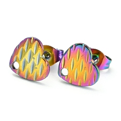 Rainbow Color Ion Plating(IP) 304 Stainless Steel Stud Earring Findings, with Ear Nuts/Earring Backs and Hole, Heart Shape with Textured, Rainbow Color, 8.4x9x1mm, Pin: 0.8mm