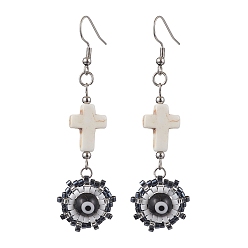 Черный Стекло бисер мотаться серьги, с бусинкой лэмпворк от сглаза и 304 крючками для сережек из нержавеющей стали, чёрные, 70x19 мм