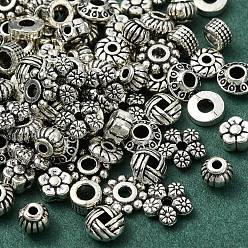 Argent Antique 100 pcs 10 styles perles d'espacement en alliage de style tibétain, formes mixtes, argent antique, 5~7x2~4mm, Trou: 1~3mm, 10 pcs / style