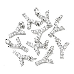 Letter Y Colgantes Shegrace de latón con microengaste de circonitas cúbicas transparentes, sin níquel, 925 chapado en plata de ley, amuletos de la letra y, 13x9x2.5 mm, anillo de salto: 5x1 mm, diámetro interior: 3 mm