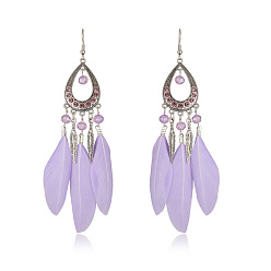 Лиловый Серьги-капли из сплава со стразами, с пером, античное серебро, сирень, 23x11 мм