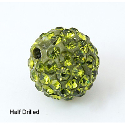 Оливин Бусины со стразами, полимерная глина , pave disco бусины, класс А, круглые, половине просверлил, оливина, 12 мм, отверстие : 1 мм