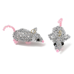Gray Glass Seed Beads Pendants, Mouse Charms, with 304 Stainless Steel Jump Ring, Gray, 16x35.5x10mm, Hole: 2.7mm