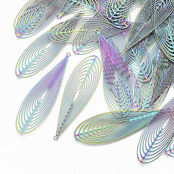 Rainbow Color Ионное покрытие (ip) 304 большие филигранные подвески из нержавеющей стали, гравированные металлические украшения, слеза, Радуга цветов, 55x16x0.3 мм, отверстие : 1.4 мм