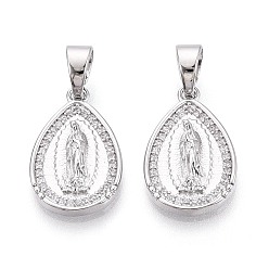 Платинированный Религиозные латунные подвески с прозрачными кубическими циркониями, слезинка с чарами Девы Марии, Реальная платина, 20x13x3 мм, отверстие : 6x4 мм