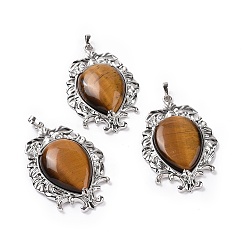 Тигровый глаз Естественно тигровый глаз большие кулоны, слезинки, с стеллаж металлизированный платины тон выводов латуни, 56x37x8 мм, отверстие : 7x4.5 мм