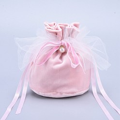 Pink Бархатные украшения подарочные пакеты на шнурке, с пластиковой имитацией жемчуга и белой пряжей, мешочки для конфет на свадьбу, розовые, 14.2x14.9x0.4 см