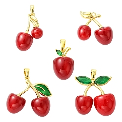 FireBrick 5Pcs 5 Styles Brass Resin Pendants, Cherry, Gold, FireBrick, 20~30x15.5~30.5x11~16mm, Hole: 3~7mm, 1pc/style