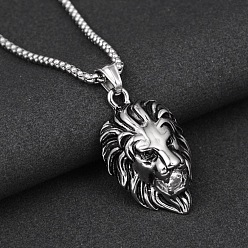 Платина 304 подвеска в виде головы льва из нержавеющей стали с прозрачными кубическими цирконами и цепочкой, платина, 27.56 дюйм (70 см)