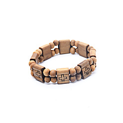 BurlyWood Wood Beads Stretch Bracelets for Women Men, Cross Pattern Beaded Bracelets, BurlyWood, 7-7/8 inch(20cm)