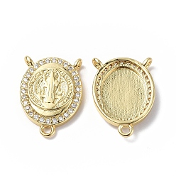 Настоящее золото 18K Экологически чистые стойки с покрытием из латуни, микро паве, кубический цирконий, компоненты люстры, ссылки, розарий, долговечный, без свинца и без кадмия, овальный со святым, реальный 18 k позолоченный, 17x12.5x3 мм, отверстие : 1.2~1.4 мм