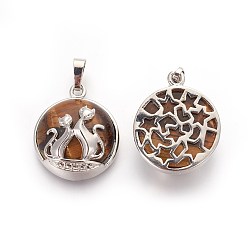 Тигровый глаз Природных тигровый глаз подвески, с латунной фурнитурой , плоский круг с лисой и звездой, платина, 28x23.5x10 мм, отверстие : 7~8x4.5~5 мм