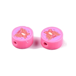 Hot Pink Handmade Polymer Clay Beads, Flat Round with Butterfly, Hot Pink, 9~9.5x4.5~5mm, Hole: 1.5~1.8mm