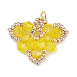 Желтый Стекло ручной работы подвески, лист, с 304 открытыми соединительными кольцами из нержавеющей стали и бисером, граненые, желтые, 23.5x26x4.5 мм, отверстие : 3 мм