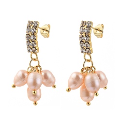 Light Salmon Brass Dangle Stud Earrings, with Natural Pearl Beads, Crystal Rhinestones and Ear Nuts, Light Salmon, 34~35mm, Pin: 0.7mm