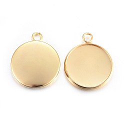 Golden Rack Plating 304 Stainless Steel Pendant Cabochon Settings, Plain Edge Bezel Cups, Flat Round, Real 24K Gold Plated, Tray: 16mm, 21.5x18x2mm, Hole: 2.2mm