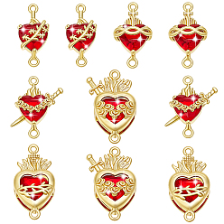 Golden 10Pcs 5 Styles Brass with Glass Dark Red Sacred Heart Connector Charms, Lead Free & Cadmium Free, Long-Lasting Plated, Rack Plating, Golden, 23~26x11~19x8~9.5mm, Hole: 1.5~1.6mm, 2pcs/style