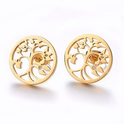 Golden 304 Edelstahl Ohrstecker, hypoallergene Ohrringe, flach rund mit Baum des Lebens, golden, 15x1.2 mm, Stift: 0.8 mm