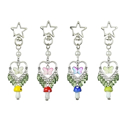 Mixed Color Mushroom Handmade Lampwork Pendant Decorations, Glass Butterfly and Heart/Star Alloy Swivel Lobster Clasps Charm, Mixed Color, 108mm