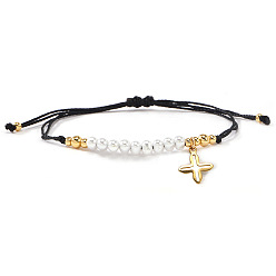 Черный 304 из нержавеющей стали крест шарм браслеты, Регулируемые браслеты из латуни и круглых бусин из искусственного жемчуга для женщин., чёрные, 11.02 дюйм (28 см)