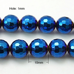 со Синим Покрытием Немагнитные синтетический гематит бисер пряди, бисер нитей, класс А, с покрытием красочным, граненые, круглые, с покрытием синим, 10 мм, отверстие : 1 мм