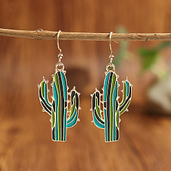 Dark Green Alloy Enamel Dangle Earrings, Cactus, Golden, Dark Green, 50x17mm