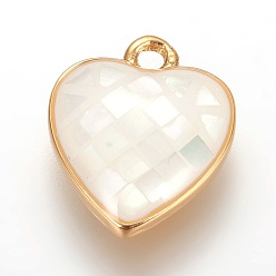 Floral White Brass Enamel Charms, with Freshwater Shell, Heart, Golden, Floral White, 12x10x2.5mm, Hole: 1.2mm