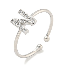 Letter N Латунные открытые манжеты для женщин, с кубического циркония, без кадмия и без свинца, долговечный, буквы, Письмо N, внутренний диаметр: 17.5 мм, Письмо: 7.5x6 мм