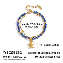 Ляпис-Лазурь Минималистичные двухслойные браслеты из натурального лазурита и цепочек-спутников, 304 Браслеты из нержавеющей стали с подвесками в виде морских звезд для женщин, 6-3/4 дюйм (17 см)