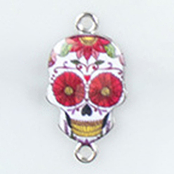 Colorful Cinco de Mayo Alloy Enamel Connector Charms, Sugar Skull Links, Platinum, Colorful, 26x14mm