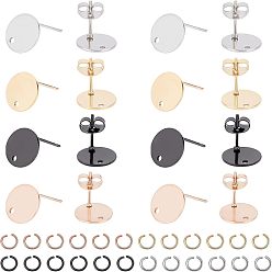 Mixed Color 304 Stainless Steel Stud Earring Findings, with Loop, Bead Container, Flat Round, Mixed Color, 10x1mm, Hole: 1.5mm, Pin: 0.8mm, 40pcs/box