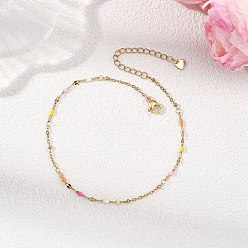 Golden 304 Stainless Steel Enamel Dapped Chain and Satellite Chain Anklets for Women, Colorful, Golden, 9-1/4 inch(234mm)