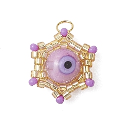 Сливовый Подвески-звездочки из бисера, подвески из стеклянных бусин с узором ткацкого станка, с Lampwork, Кольца прыжок, слива, 17.5x15.5x8.5 мм, отверстие : 2.5 мм