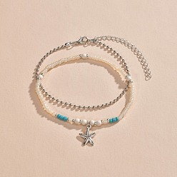 Платина 1браслеты на ногу из сплава поликарбоната с подвесками в виде морской звезды, стеклянными бусинами и 1браслеты на ногу из сплава поликарбоната с шариковой цепочкой, белые, платина, 7-7/8 дюйм(200мм) и внутренний диаметр: 2-1/2 дюйм(65мм)