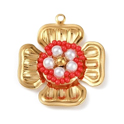 Цветок Пластиковые подвески, 304 подвески из нержавеющей стали, красные, цветок, 31.5x28x5.5 мм, отверстие : 1.8 мм