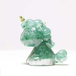 Зеленый Авантюрин Фигурка единорога из смолы, украшение для дома, с натуральной зеленой крошкой авантюрина внутри витринных украшений, 60x50x30 мм