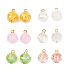 (52) Непрозрачная лаванда Подвески гальванизируйте стекла, граненый круглый шарм, с латунной дужкой, реальный 18 k позолоченный, разноцветные, 11x8 мм, отверстие : 1.6 мм