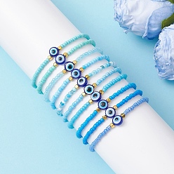 (52) Непрозрачная лаванда 10шт. браслеты из стеклянных бусин и смоляных бусин для женщин, круглый и плоский круглый сглаз, с латунным, градиент цвета, разноцветные, бусина : 3~8 mm, внутренний диаметр: 2.20~2.24 дюйм (5.6~5.7 см)