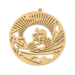 Золотой 304 подвески из нержавеющей стали, полый, плоский круг с изображением человека и велосипеда, золотые, 37x35x1.5 мм, отверстие : 1.4 мм