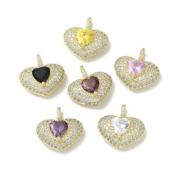 Mixed Color Rack Plating Brass Pendants, With Clear Cubic Zirconia, Long-Lasting Plated, Lead Free & Cadmium Free, Golden, Heart, Mixed Color, 20.5x20.5x10.5mm, Hole: 4mm