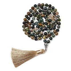 (RRHB277) Кристалл на подкладке из медово-бежевого цвета Ожерелья из натурального индийского агата с молитвенными бусами в форме мала, с длинной кисточкой и металлическим деревом жизни, для йоги-медитации, платина, 40.16 дюйм (102 см)