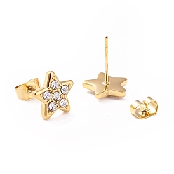 Golden Crystal Rhinestone Star Stud Earrings, 304 Stainless Steel Jewelry for Women, Golden, 9x9mm, Pin: 0.6mm